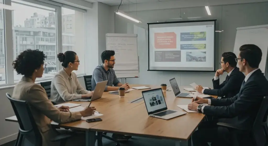 a vibrant office meeting room is filled with diverse professionals engaged in a dynamic discussion, showcasing a digital presentation on tailored security awareness curricula, emphasizing collaboration and strategic planning against emerging global threats.