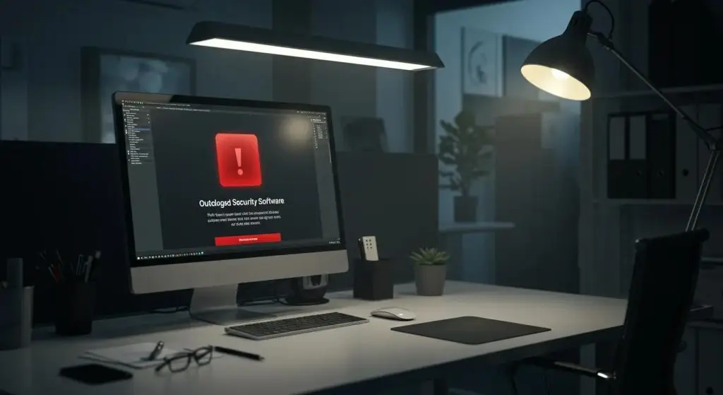 a sleek, modern office workspace showcases a computer screen displaying a red warning icon and an alert message, emphasizing the urgency of outdated security software amid an ambient glow from strategic overhead lighting.