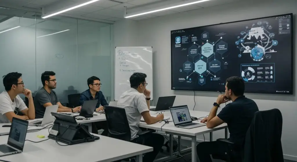 a modern office space bustling with engaged employees attentively participating in a dynamic security awareness training session, featuring a large screen displaying vivid infographics on cybersecurity risks and best practices.