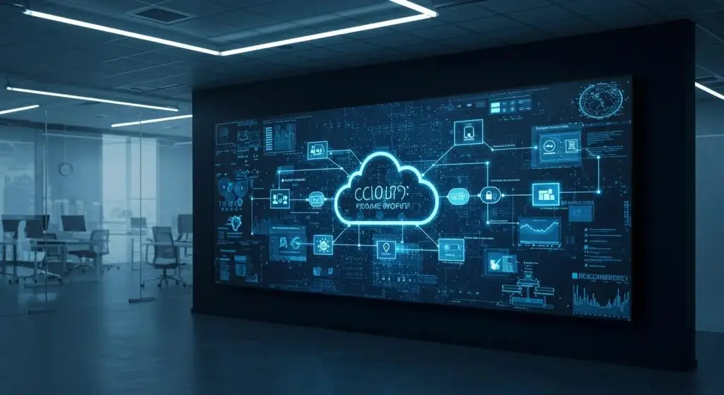 a sleek, modern office environment featuring a large digital screen displaying intricate cloud security frameworks and data flow diagrams, illuminated by cool blue and white lighting, suggests a high-tech atmosphere focused on robust cloud security strategies.