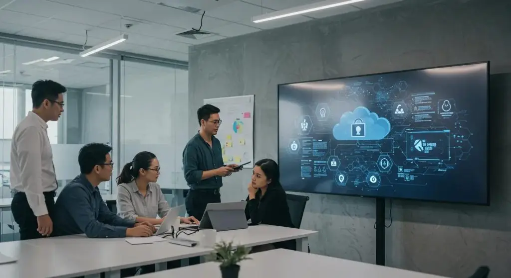 a modern office environment features a diverse team engaged in a collaborative discussion around a large digital display showcasing cloud security strategies, emphasizing strong access controls and compliance audits in a sleek, high-tech atmosphere.