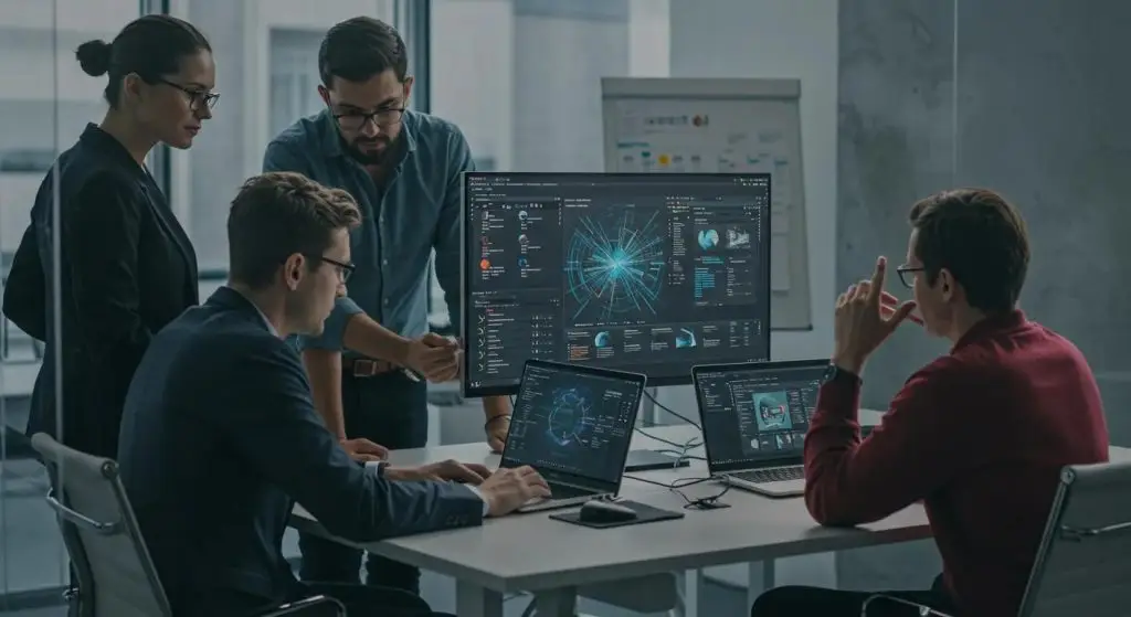a sleek, modern office environment showcases a diverse team engaged in a collaborative discussion around a digital authentication dashboard, emphasizing the importance of secure user authentication methods in a dynamic security landscape.