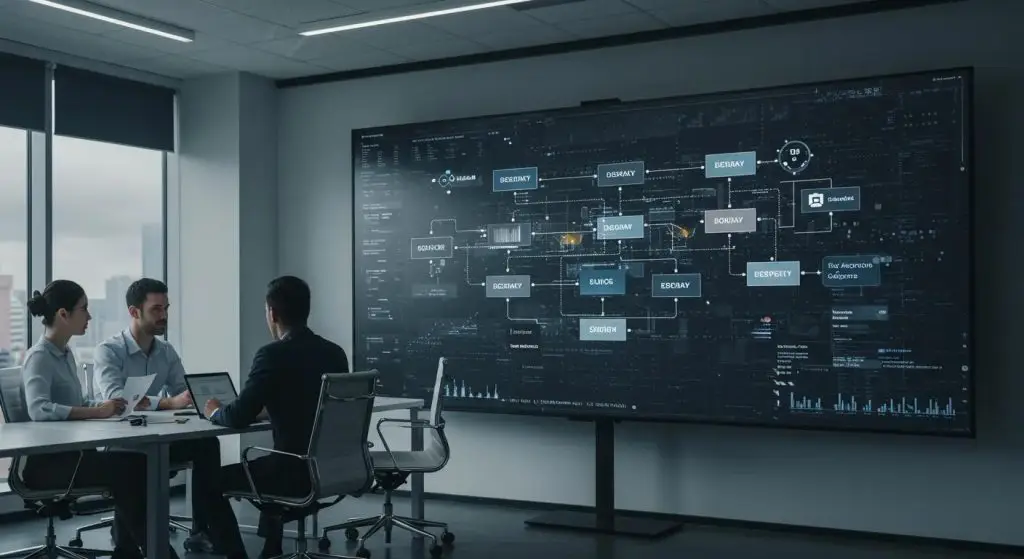 a sleek, modern office setting features a large digital screen displaying an intricate flowchart of threat intelligence integration, surrounded by focused professionals engaged in strategic discussions.