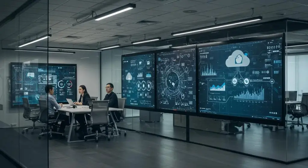 a sleek, modern office interior showcases cybersecurity professionals engaged in a collaborative strategy session, surrounded by digital displays illustrating advanced cloud protection methodologies and data security protocols.