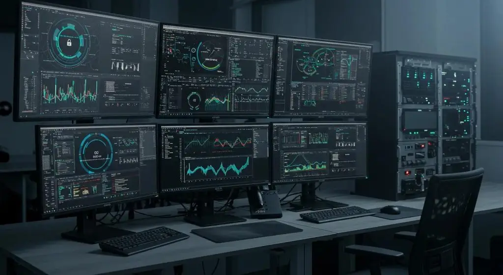a sleek, modern office workstation features multiple screens displaying dynamic threat intelligence dashboards, with a backdrop of high-tech security equipment, embodying the concept of continuous integration and innovative cybersecurity strategies.