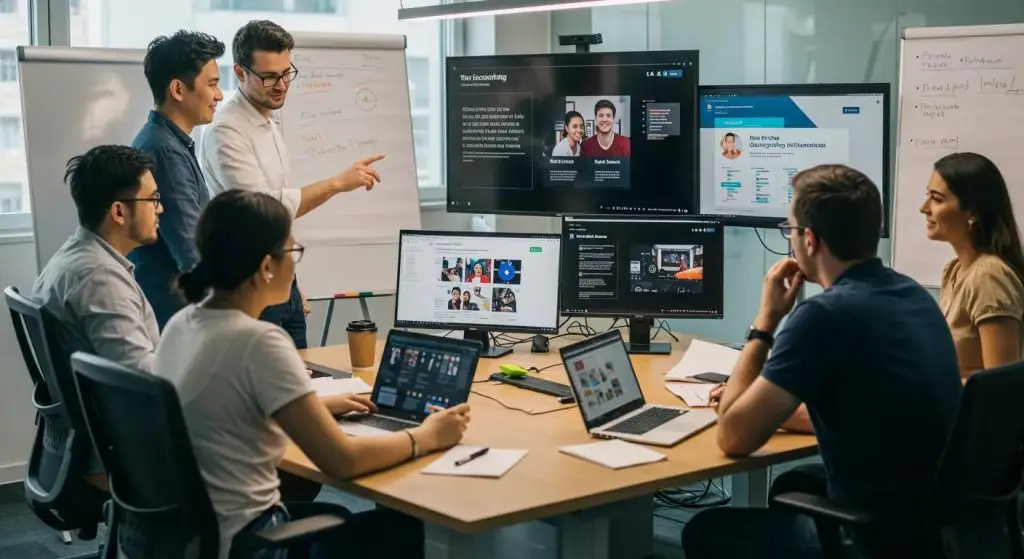 a dynamic and engaging office training session unfolds, featuring diverse employees actively collaborating around a modern conference table, illuminated by bright overhead lights, as they interact with digital screens displaying online security awareness materials that emphasize cyber threat recognition and mitigation.