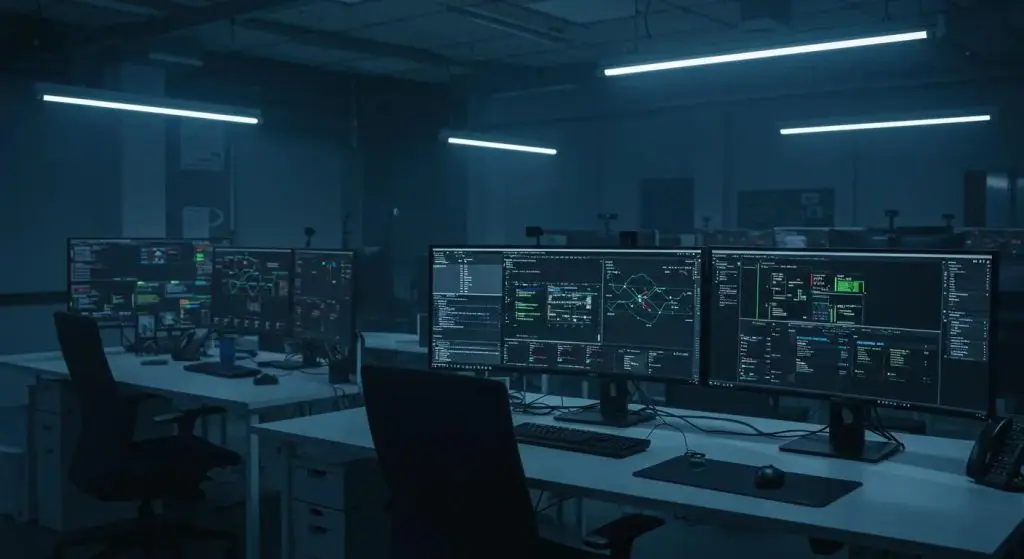 a stark, modern office space features multiple computer screens displaying complex cloud configurations and security dashboards, illuminated by dramatic artificial lighting, highlighting the urgency of addressing vulnerabilities in digital security.