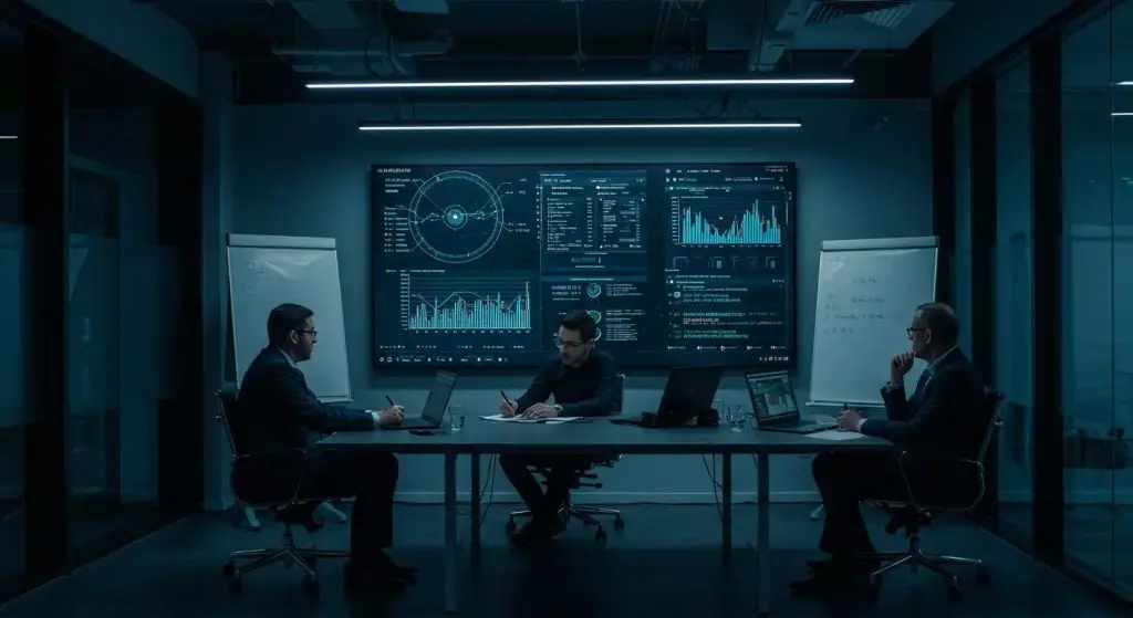 a sleek, modern office space illuminated by cool led lighting features a large digital screen displaying complex network security compliance metrics, with cybersecurity professionals engaged in focused discussions around a high-tech conference table, emphasizing the critical nature of safeguarding digital infrastructures.