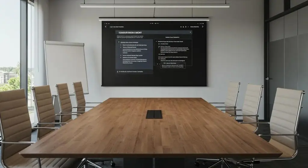 a stark modern conference room features a polished wooden table surrounded by sleek ergonomic chairs, with a large screen displaying a detailed vendor risk management presentation in clear english, emphasizing the importance of precise contracts and communications to fortify cybersecurity.