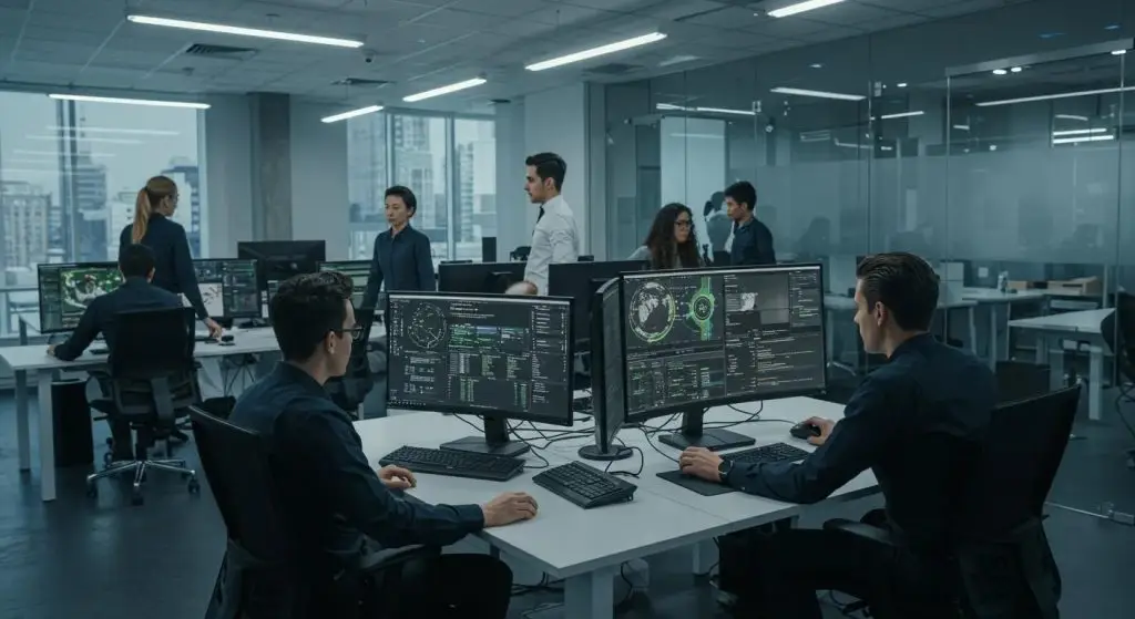 a sleek, modern office filled with advanced cybersecurity technology, showcasing a diverse team of professionals collaborating around a high-tech digital dashboard, analyzing real-time threat intelligence data to fortify their organization’s security posture.