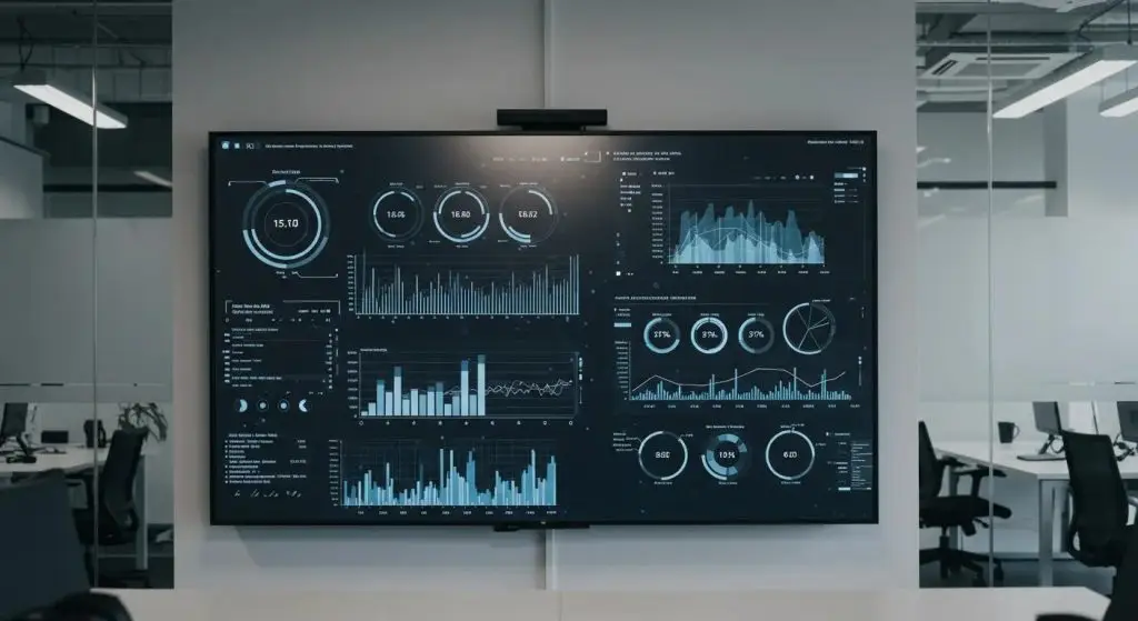 a sleek, modern office environment features a large digital screen displaying dynamic data visualizations and threat analysis graphs, highlighting the integration of advanced threat intelligence in a proactive cybersecurity strategy.