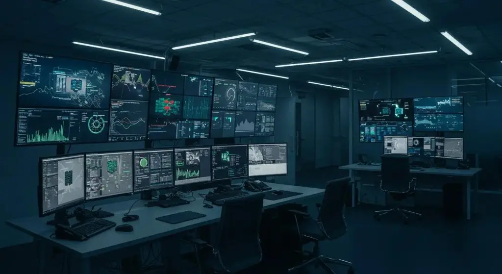 a sleek, modern office environment showcases a high-tech network operations center with multiple illuminated screens displaying real-time firewall analytics and security threats, emphasizing the importance of advanced cybersecurity measures.