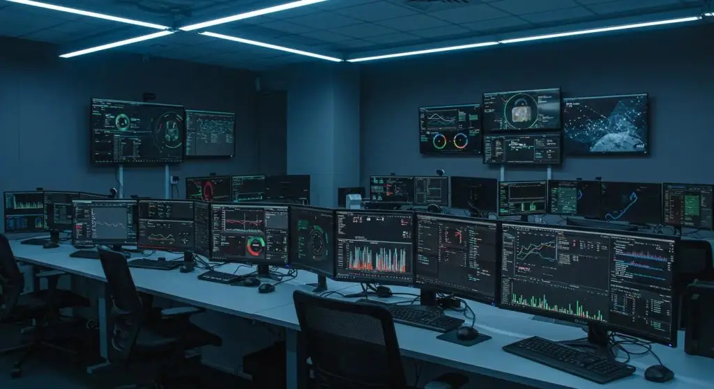 a modern cybersecurity operations center, featuring sleek monitors displaying real-time threat intelligence dashboards, vibrant data visualizations, and security tools in a high-tech workspace illuminated by dynamic led lighting.