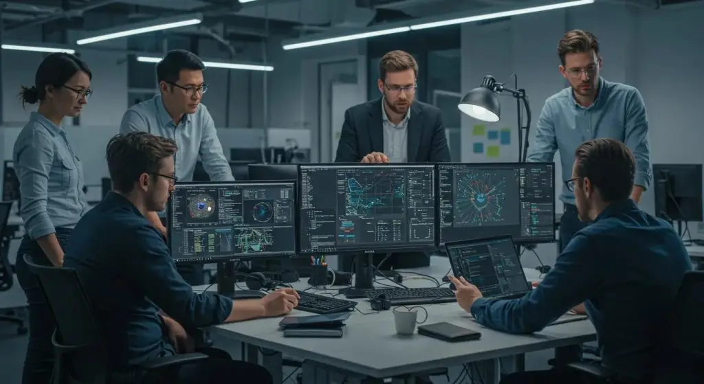 a modern office environment showcases a diverse team of professionals engaged in reviewing and standardizing technical documentation on large digital screens, illuminated by bright, focused lighting that highlights their collaborative efforts to enhance cybersecurity practices.