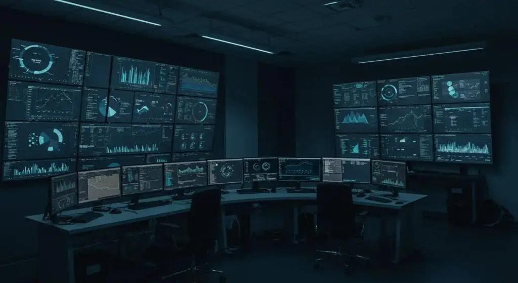 a sleek, modern cybersecurity operations center, illuminated by the glow of multiple screens displaying intricate data visualizations and threat analytics, embodies the proactive integration of threat intelligence in defending against cyber threats.