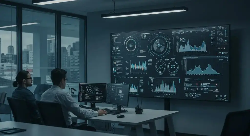 a sleek, modern office environment showcases a large digital screen displaying a dynamic data visualization of threat intelligence metrics, with focused professionals analyzing strategic insights to enhance cybersecurity operations.