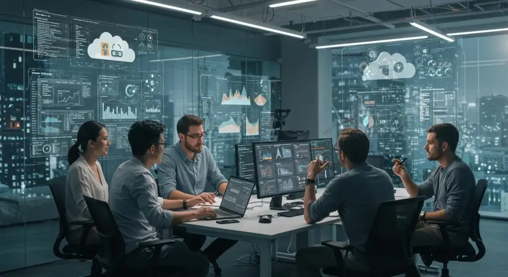 a dynamic urban office environment showcases a focused team engaged in a strategy session, surrounded by digital displays illustrating cloud security metrics and collaborative tools, emphasizing the importance of shared responsibility and continuous monitoring in safeguarding sensitive data.