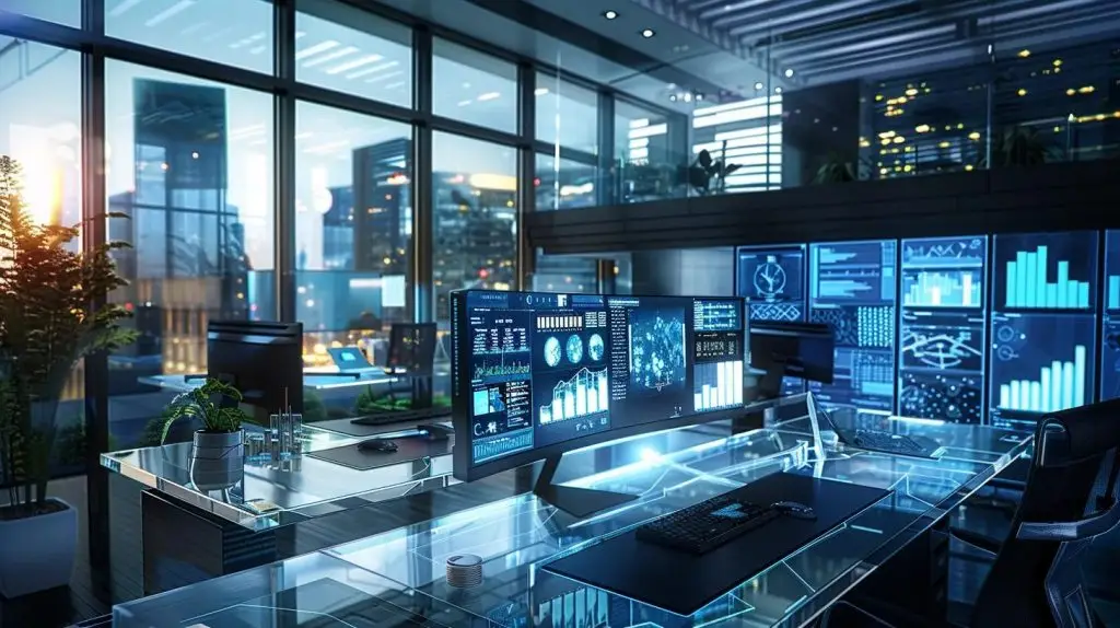 a bustling office environment showcases a sleek computer workstation filled with advanced performance monitoring software, vibrant graphs, and data analytics dashboards, symbolizing the cutting-edge tools for sql server optimization.