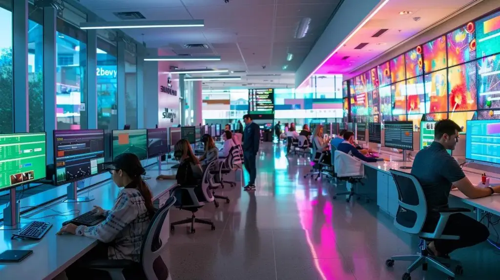 a bustling office environment showcases security analysts interacting with advanced data dashboards, their focused expressions highlighting the intense navigation through complex threat intelligence challenges amidst glowing screens filled with colorful data visualizations.