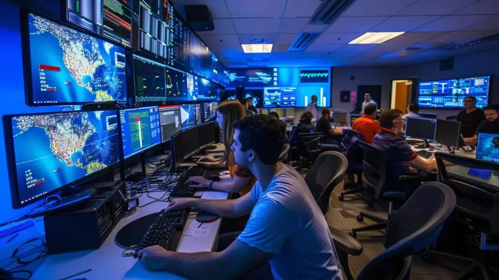 a bustling office setting features a focused it team gathered around multiple computer screens displaying complex data visualizations and cybersecurity alerts, emphasizing their collaborative effort to swiftly respond to a detected breach.