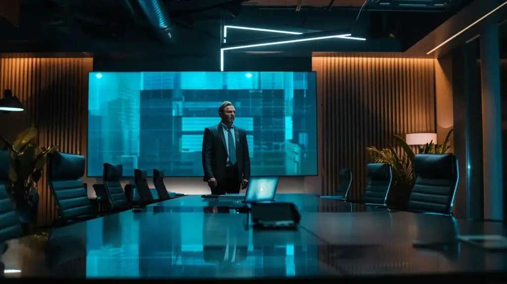 a confident vciso stands at a sleek conference table in a modern office, illuminated by sharp ambient lighting, as they present a dynamic digital strategy on a large screen, embodying the fusion of cybersecurity and business vision.