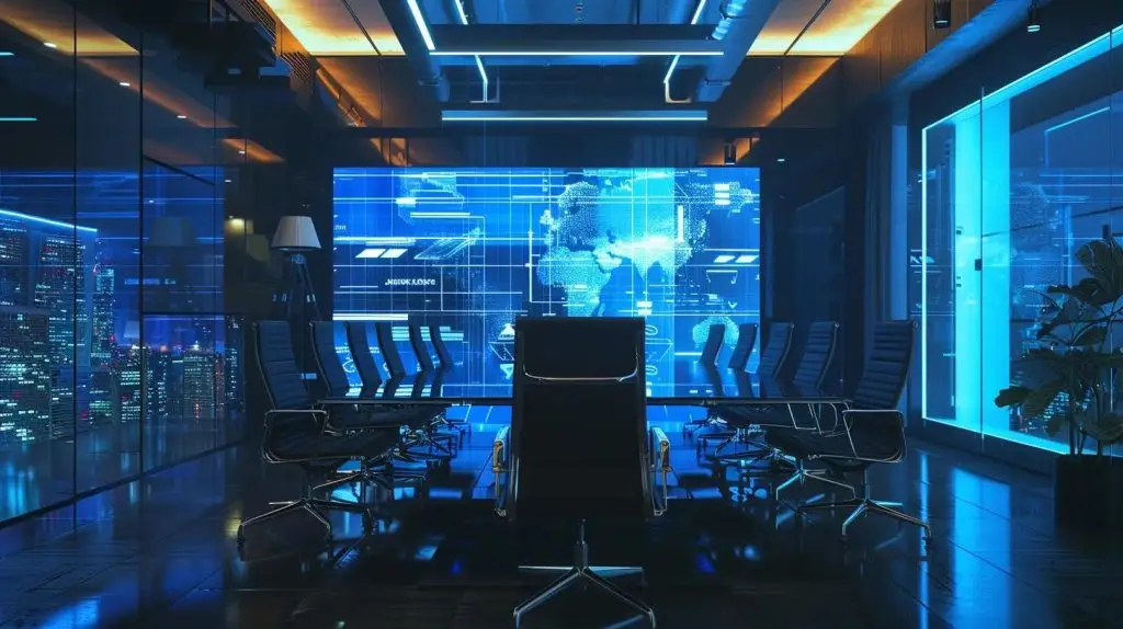 a corporate boardroom with sleek, modern furniture and a digital display showcasing cybersecurity compliance frameworks, illuminated by focused artificial lighting that emphasizes the serious tone of governance and risk management discussions.