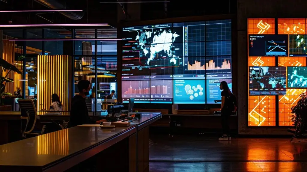 a dimly lit office space features a large screen displaying cybersecurity analytics and breach impact graphs, while a focused professional types strategically at a sleek workstation, embodying the urgency and complexity of assessing a cybersecurity incident.