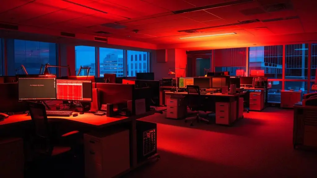a dimly lit office space features an advanced computer setup with an alert message on the screen warning of outdated security software, reflecting an atmosphere of urgency and concern about cybersecurity vulnerabilities.