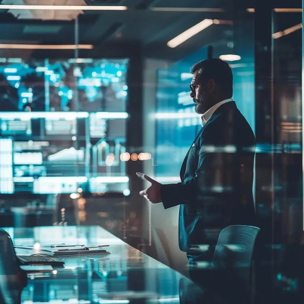 a distinguished chief information security officer (ciso) confidently presents a digital strategy blueprint in a sleek, modern office with cutting-edge technology and large screens displaying cybersecurity trends.