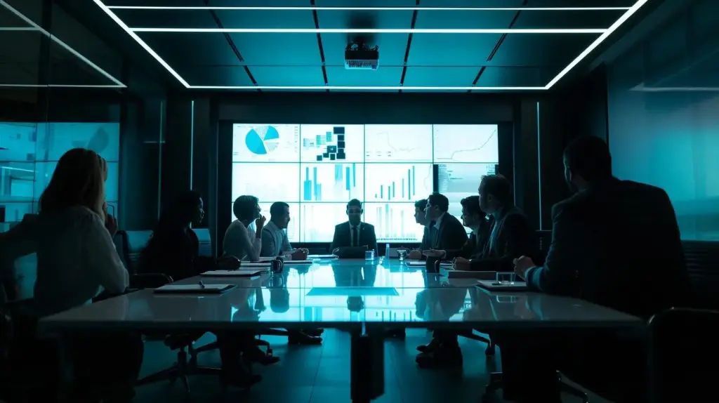 a dynamic corporate training session is underway in a sleek, modern conference room, with a diverse team engaged in a tabletop exercise, analyzing a data breach simulation on interactive screens, illuminated by focused artificial lighting that highlights their intense discussions and strategic planning.
