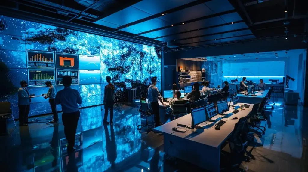 a dynamic office environment showcases diverse teams collaborating around sleek conference tables, with digital risk management dashboards displayed on high-tech screens, emphasizing tailored compliance strategies across various departments.