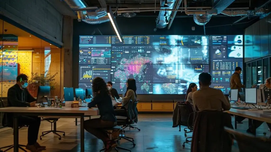 a dynamic office environment showcases a group of engaged employees participating in an interactive cybersecurity training session, surrounded by modern technology and vibrant displays illustrating cyber threats and best practices.
