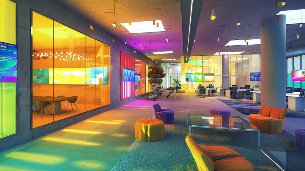 a dynamic office environment showcases a diverse group of employees engaged in a collaborative security training session, with vibrant visuals of interactive screens displaying threat scenarios and best practices, highlighting the proactive culture of resilience and vigilance within the organization.