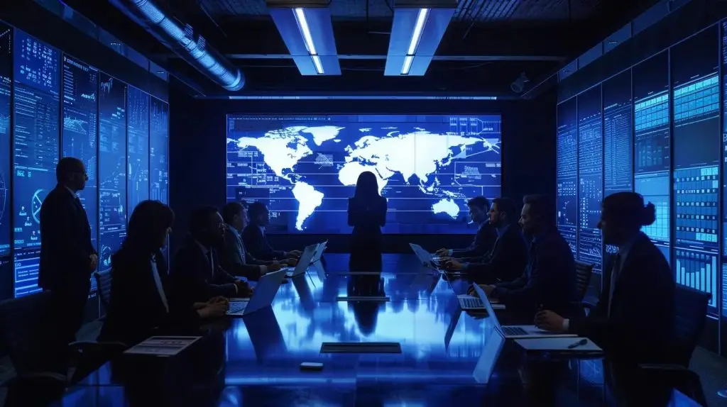 a dynamic office environment showcases a diverse team collaborating around a sleek conference table, illuminated by modern lighting, as digital compliance charts and risk management strategies are prominently displayed on large screens, symbolizing the integration of technology and teamwork in successful risk management programs.