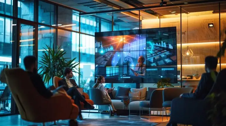 a dynamic office environment showcases a team of professionals engaged in a heated discussion around a large digital screen displaying intricate compliance challenges, illuminated by vibrant led lights and sleek modern decor.