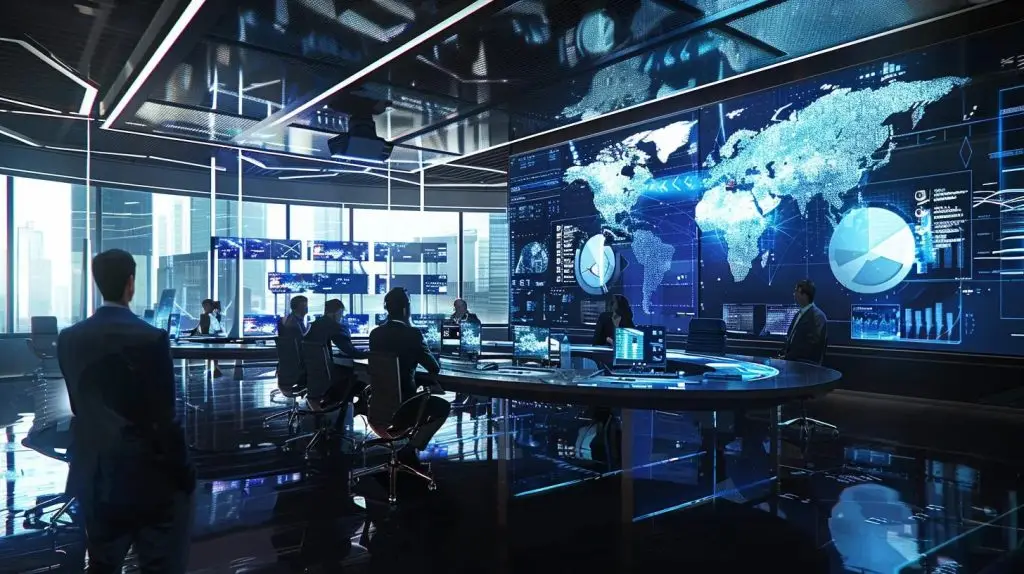 a dynamic office environment showcases a diverse group of professionals engaged in an animated discussion, surrounded by high-tech screens displaying cybersecurity analytics and partnership strategies, highlighting the importance of collaboration in enhancing security.