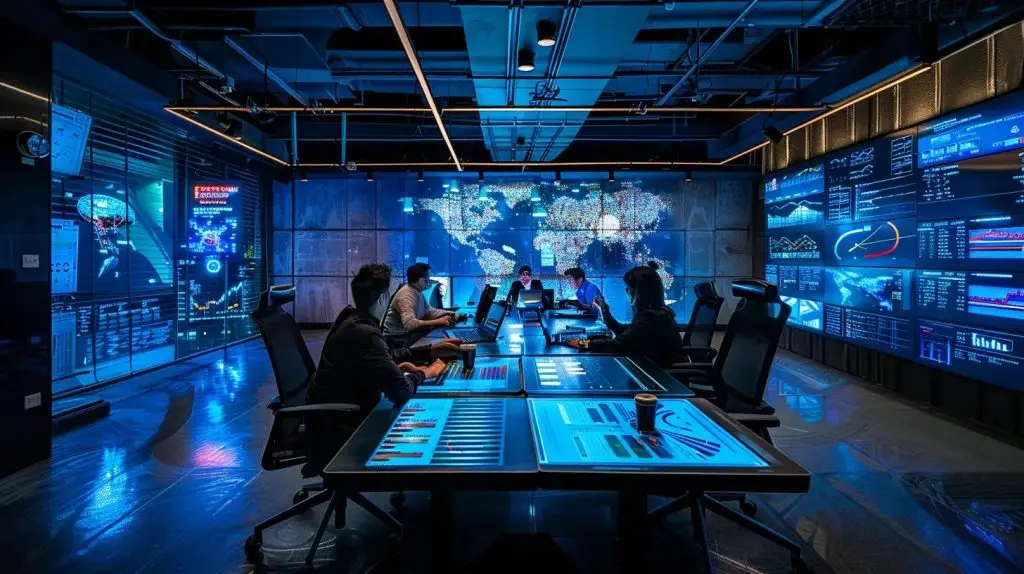 a dynamic office scene showcases a diverse team engaged in a strategic meeting, surrounded by digital dashboards displaying compliance metrics and governance frameworks, emphasizing proactive risk management and organizational integrity.