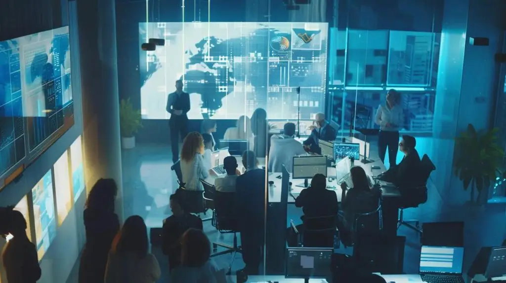 a dynamic office setting features a diverse group of professionals engaging in a collaborative workshop, surrounded by digital dashboards displaying real-time risk metrics and strategic planning documents, embodying the essence of integrated enterprise risk management.