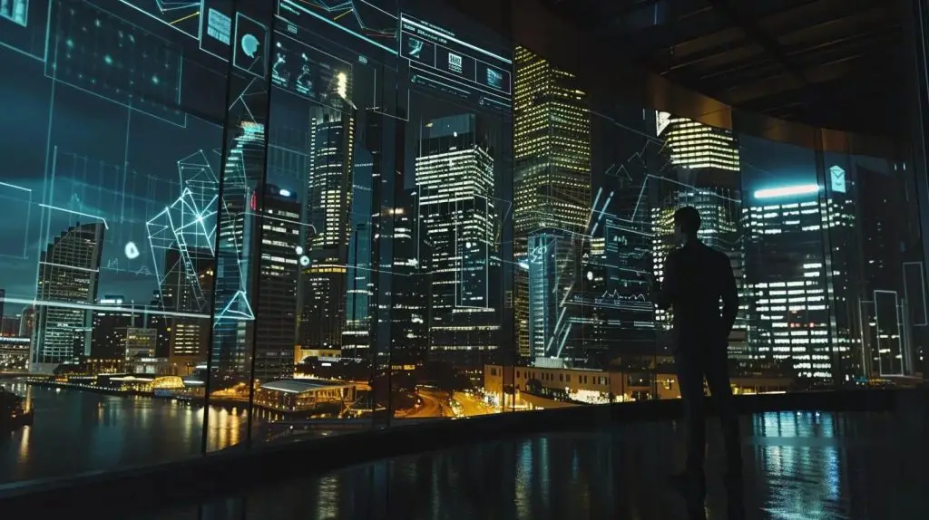a dynamic office setting in brisbane showcases a vciso engaged in a strategic discussion, illuminated by sleek, modern technology and vibrant digital displays, emphasizing financial prudence and cybersecurity efficiency.