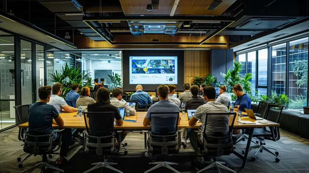 a dynamic office setting in brisbane showcases a diverse group of professionals engaging in an interactive cybersecurity training session, illuminated by bright overhead lights, emphasizing the importance of selecting the right training provider for effective organizational protection.