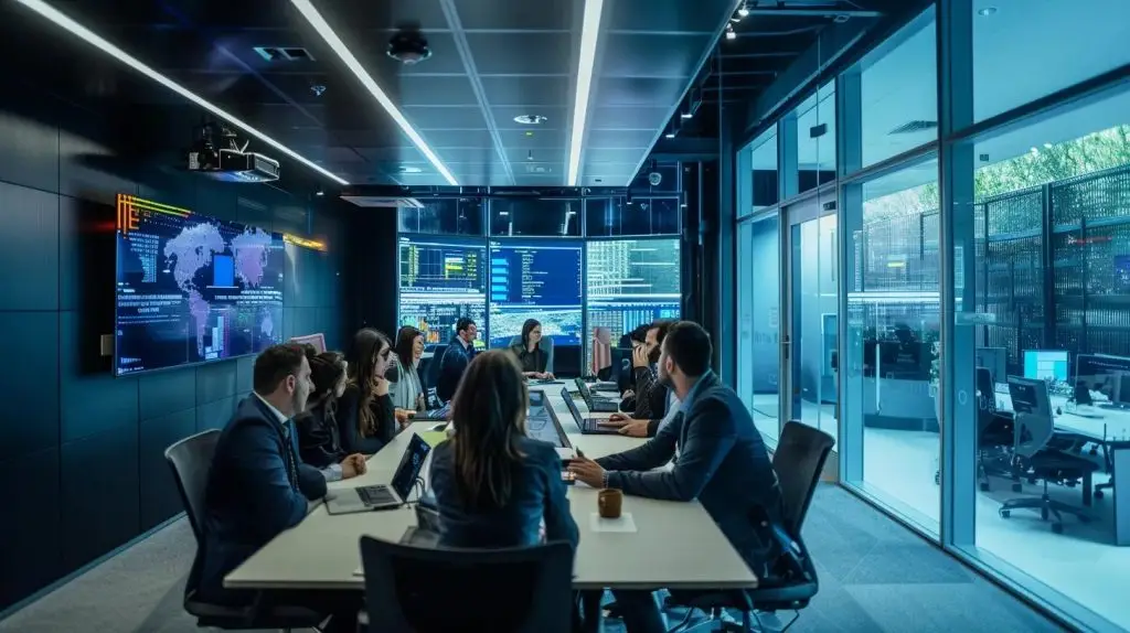 a dynamic office setting in brisbane showcases a group of engaged employees actively participating in an interactive cybersecurity awareness training session, surrounded by digital displays illustrating current cyber threats and simulated phishing scenarios.