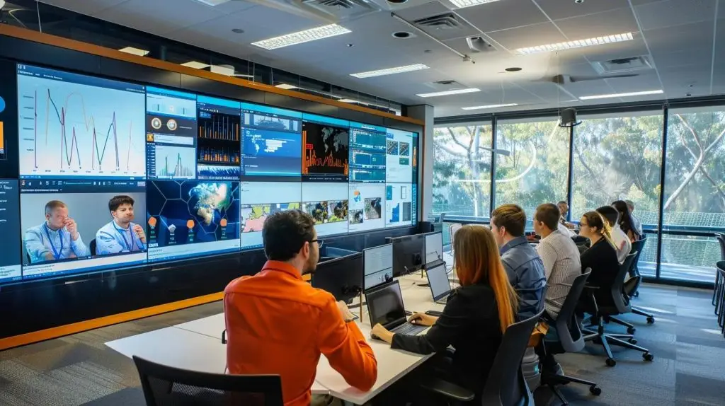a dynamic office setting in brisbane showcases a diverse group of employees attentively engaged in a cybersecurity training session, with vibrant visuals on a large screen illustrating complex cyber threats and prevention strategies.