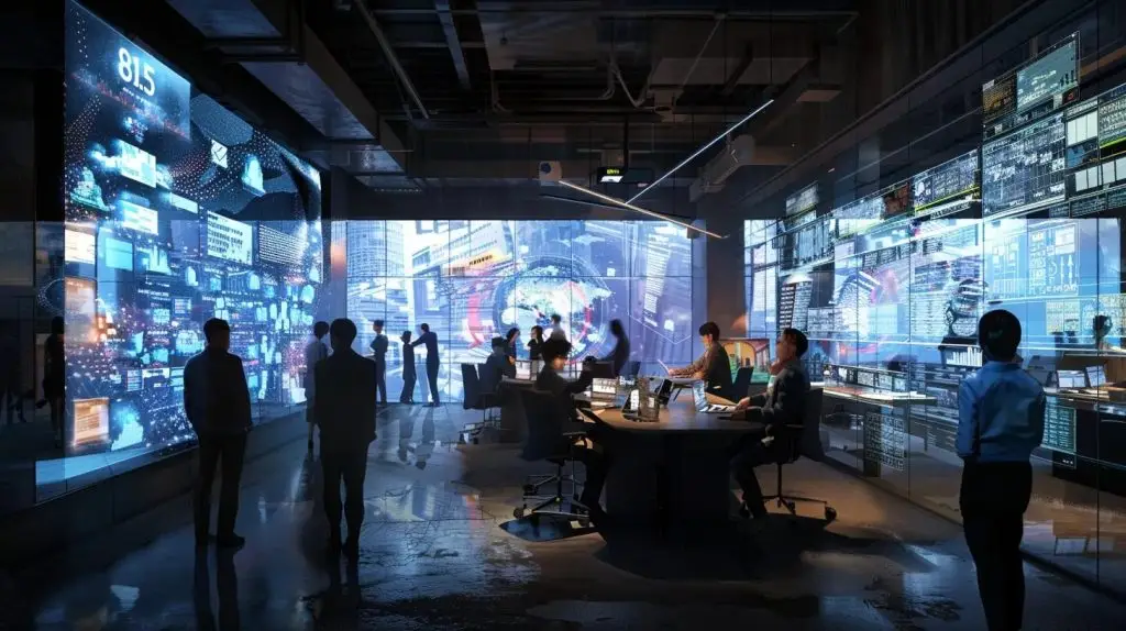 a dynamic office setting showcases a diverse group of professionals engaged in an interactive cybersecurity training session, surrounded by digital presentations illustrating complex cyber threats and mitigation strategies.