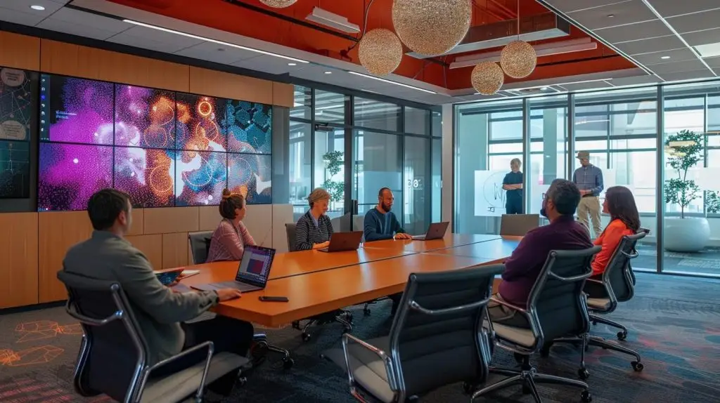 a dynamic office setting showcases a diverse group of executives engaged in a focused discussion around a conference table, with a prominent digital display projecting cybersecurity metrics, emphasizing their commitment to fostering a robust security compliance culture.