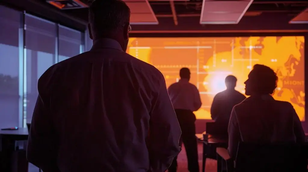 a dynamic office training environment showcases focused participants engaged in an interactive incident response simulation, illuminated by bright, strategic lighting that emphasizes their concentration and the high-tech tools at their disposal.