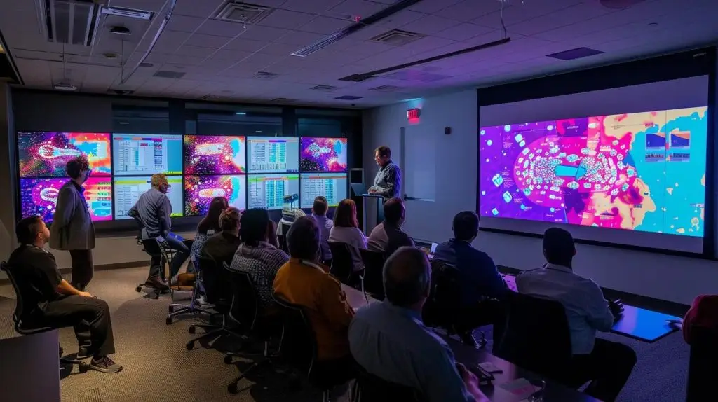a dynamic office training session features diverse employees engaged in an interactive cyber security workshop, illuminated by sleek digital screens displaying vivid infographics on threat identification and risk management.