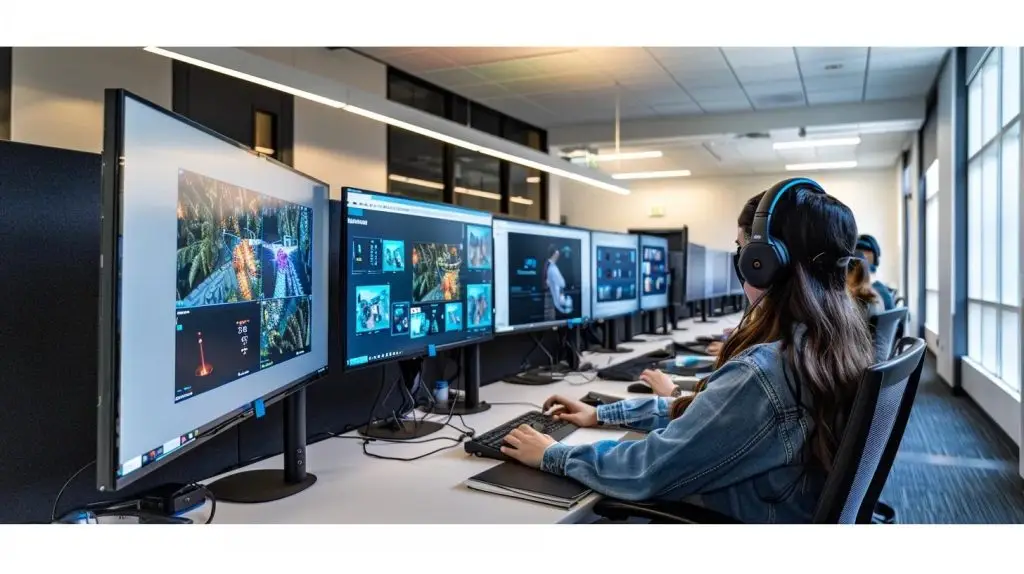 a dynamic office training session unfolds as employees engage with immersive digital simulations, showcasing their strategic responses to sophisticated cyber threats in a modern, high-tech workspace.