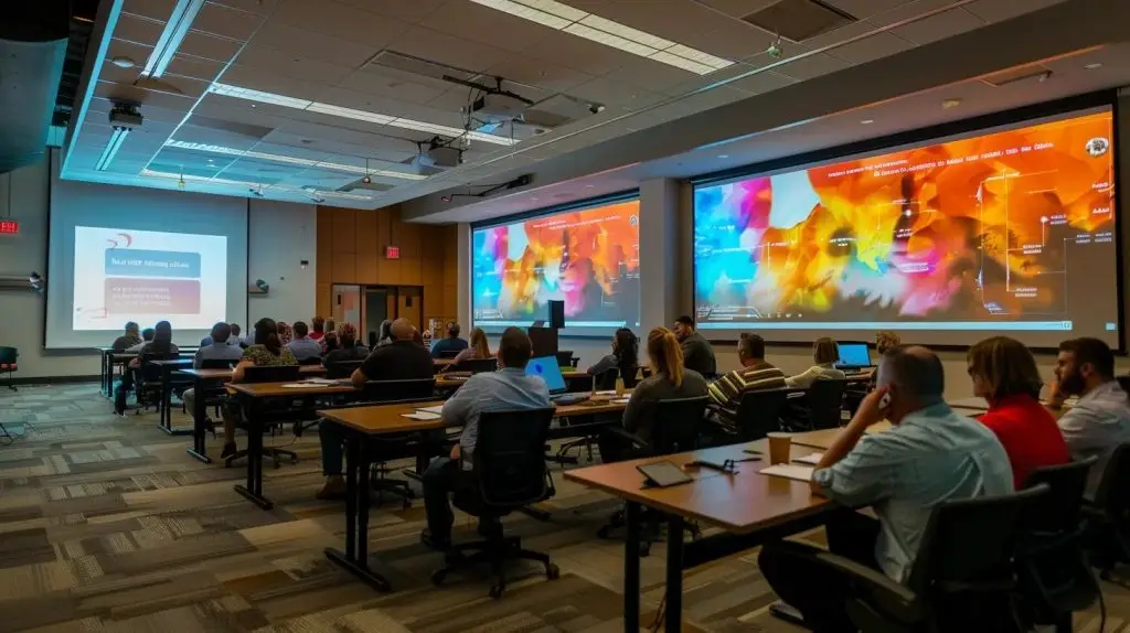 a dynamic training room filled with engaged professionals attentively participating in a high-tech incident response simulation, with vibrant digital displays illuminating the space and showcasing real-time data analytics.