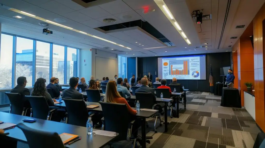 a dynamic training session in a sleek, modern conference room, featuring engaged employees attentively participating in a custom security training workshop, highlighted by a vibrant digital presentation on a large screen.