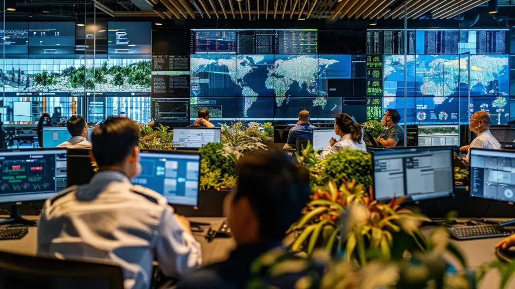 a dynamic urban office environment showcases a diverse team engaged in a strategic meeting, surrounded by digital screens displaying incident response plans and key metrics, emphasizing collaboration and proactive cybersecurity measures.